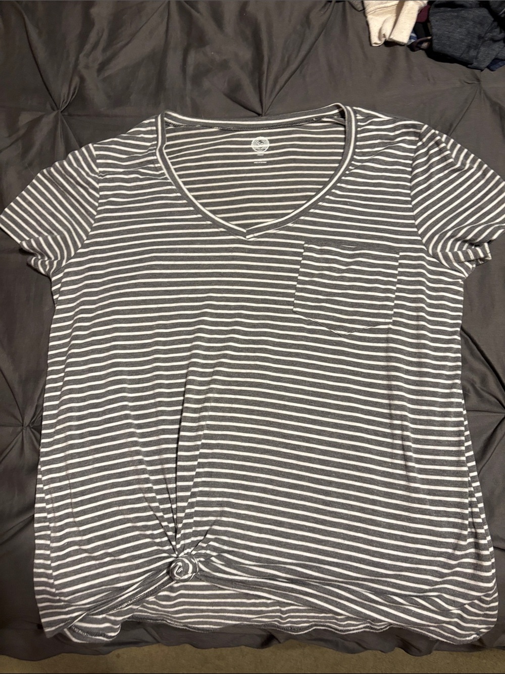SO Striped V-Neck Short Sleeve Tee in Gray and White